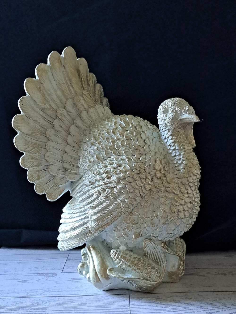 Turkey Statue in Cream and Gold Finish Centerpiece Thanksgiving 11" High